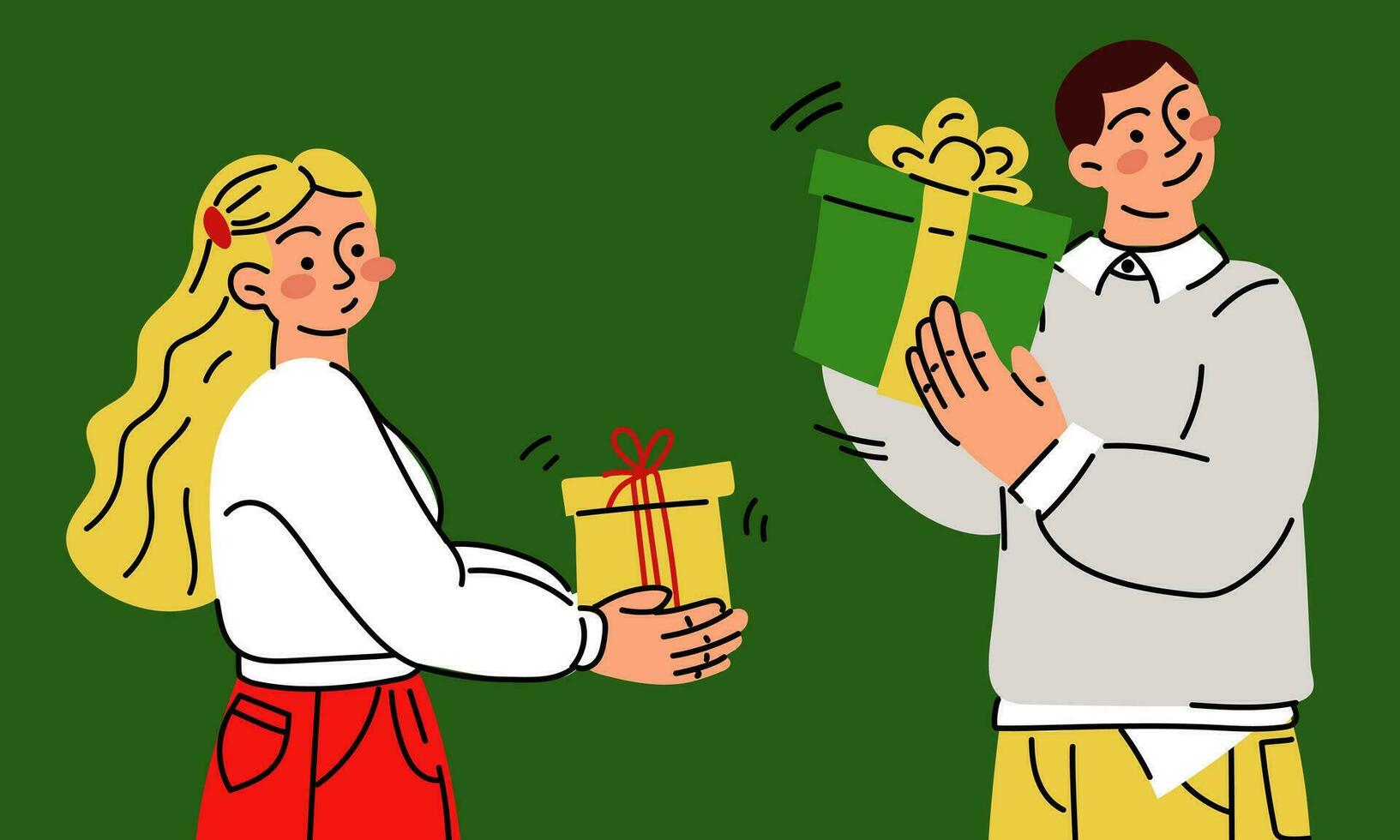 un' luminosa coppia dà ogni altro i regali su un' verde sfondo. vettore tipo e ragazza, vettore piatto illustrazione di apertura i regali, emozioni. essi dare i regali. un' sorpresa regalo scatola. Natale, nuovo anno