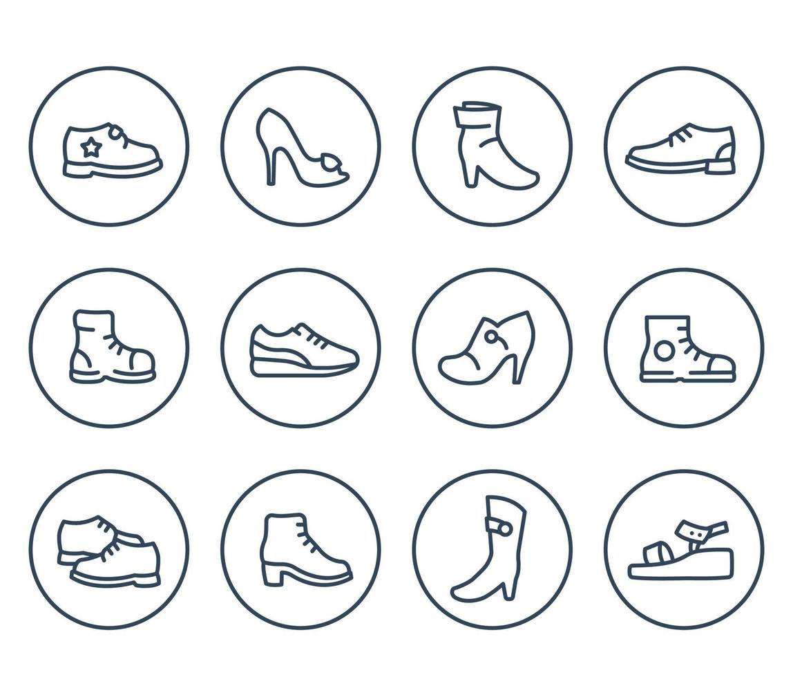 icone della linea di scarpe su bianco, stivali alti al ginocchio, tacchi, décolleté con plateau, scarpe aperte, scarpe da ginnastica vettore
