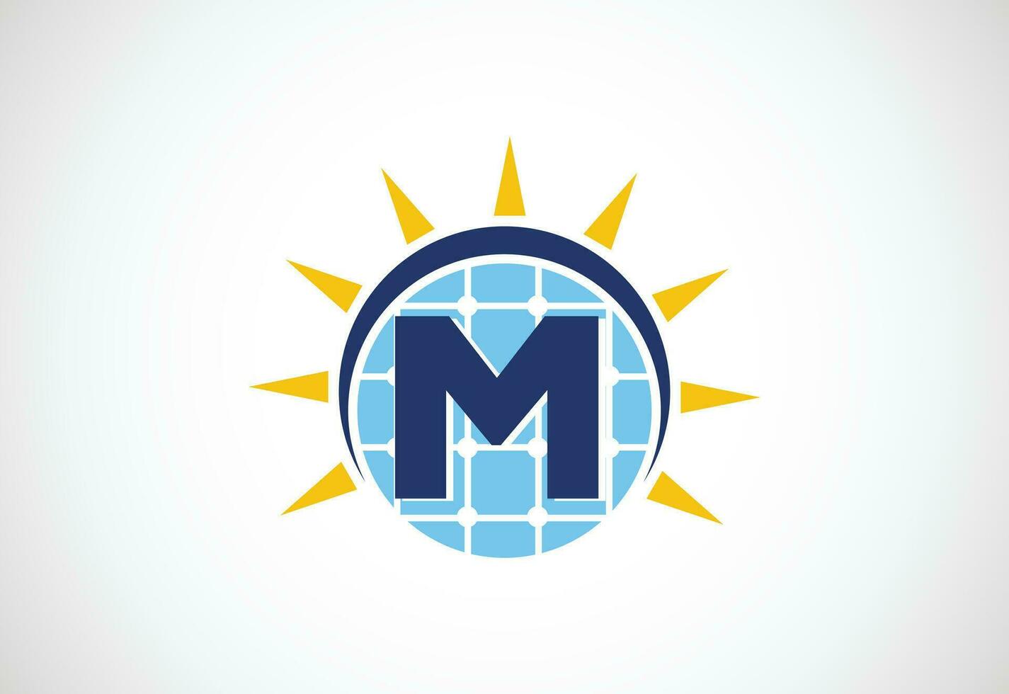inglese alfabeto m con solare pannello e sole cartello. sole solare energia logo vettore illustrazione