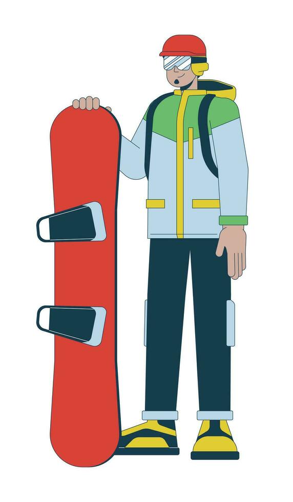 in piedi snowboarder con casco 2d lineare cartone animato carattere. giovane adulto arabo uomo isolato linea vettore persona bianca sfondo. inverno estremo gli sport appassionato colore piatto individuare illustrazione