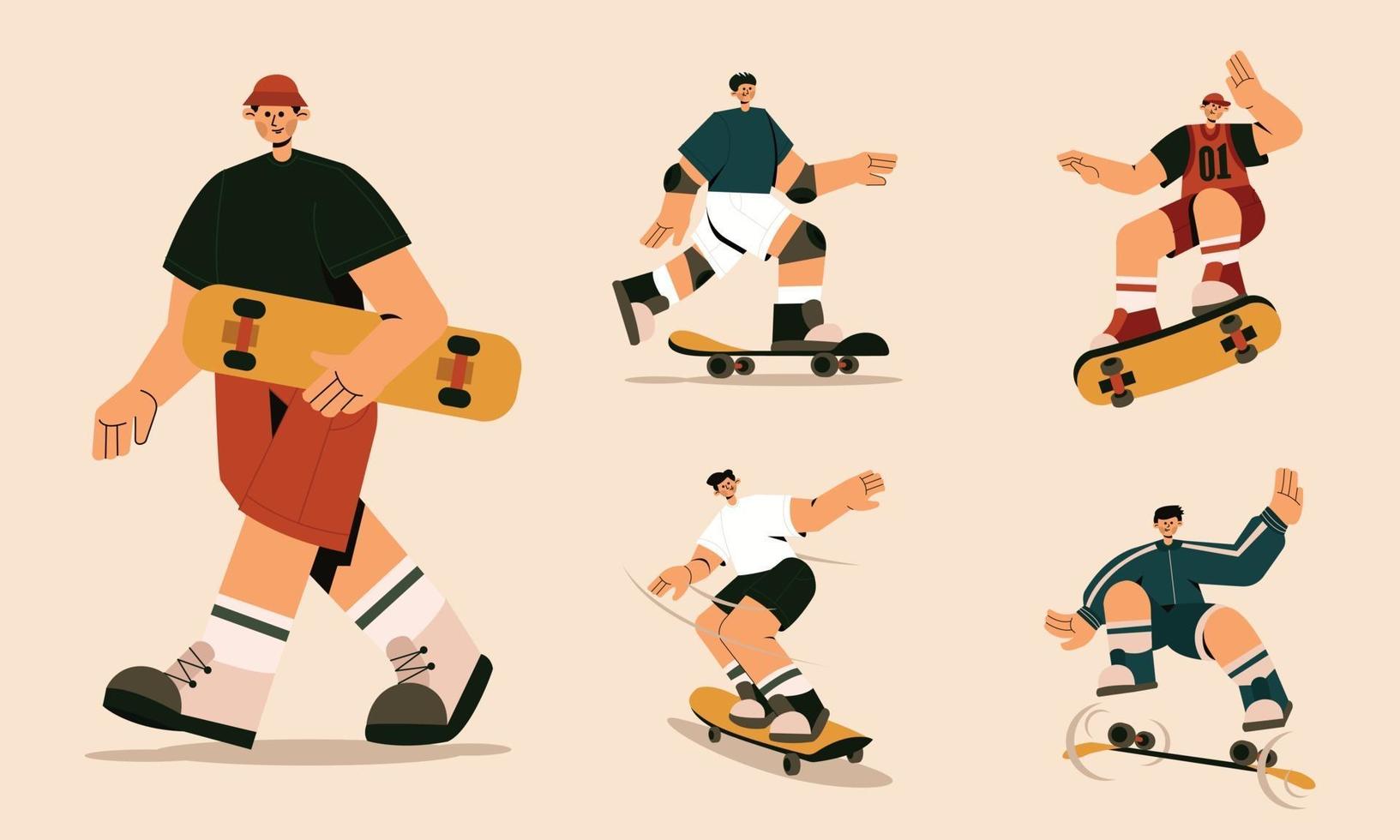 set di skateboard trick con varie posizioni illustrazione piatta vettore