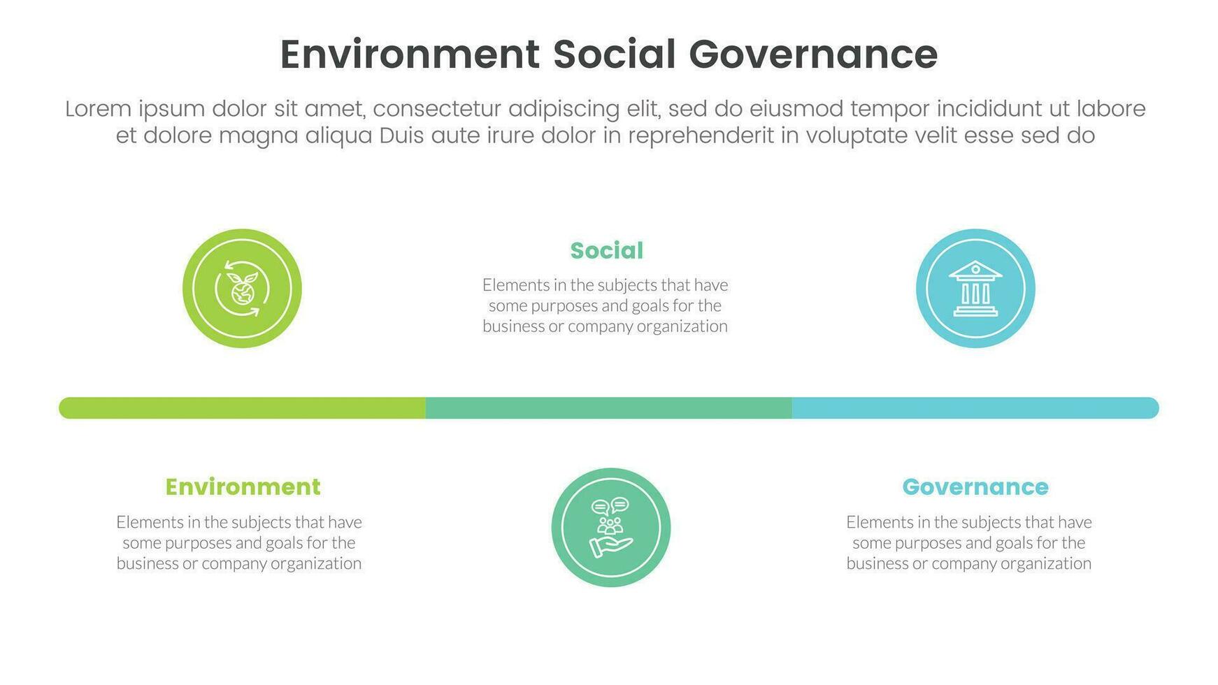 esg ambientale sociale e governo Infografica 3 punto palcoscenico modello con piccolo cerchio sequenza temporale equilibrio concetto per diapositiva presentazione vettore