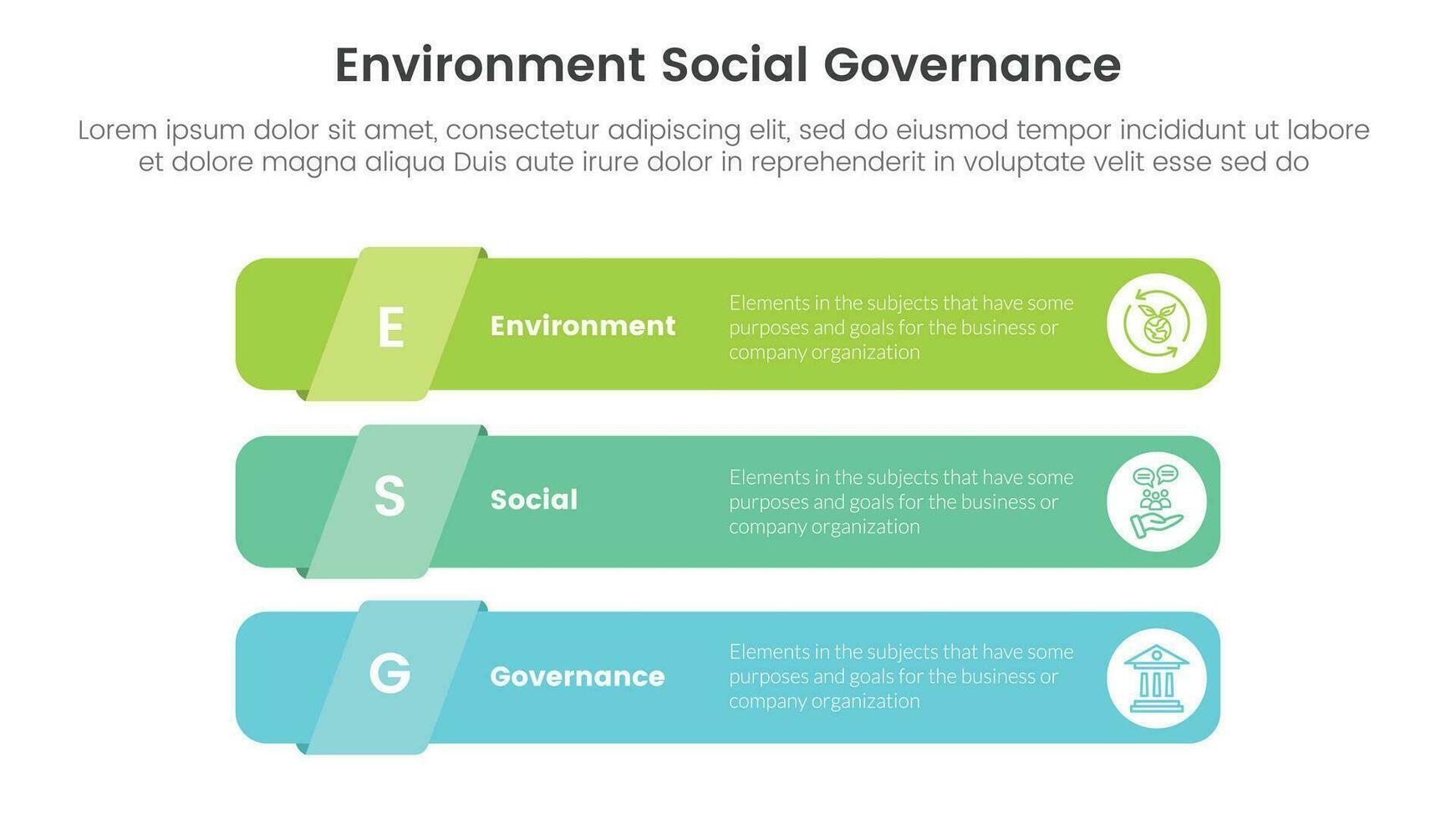 esg ambientale sociale e governo Infografica 3 punto palcoscenico modello con lungo il giro rettangolo forma concetto per diapositiva presentazione vettore