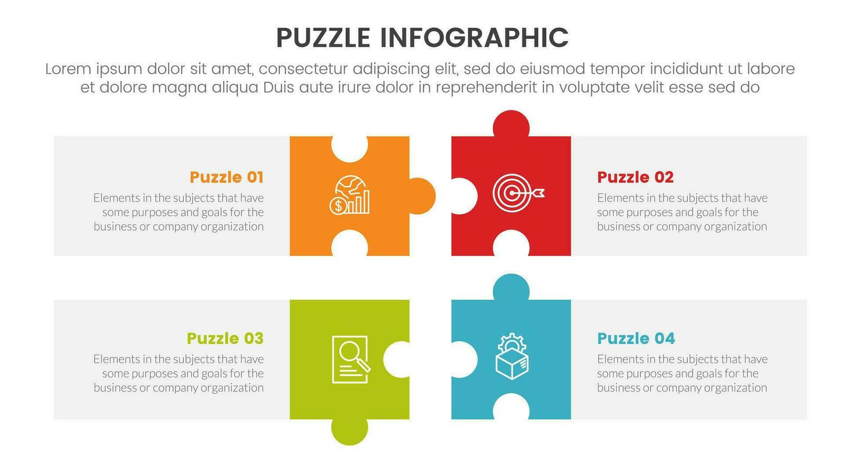 puzzle sega Infografica 4 punto palcoscenico modello con lungo rettangolo scatola orizzontale con descrizione per diapositiva presentazione vettore