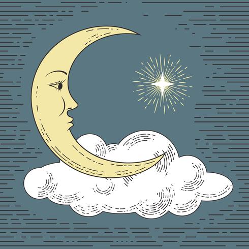 Luna disegnata a mano colorata con nuvole e stelle. Stilizzato come incisione Vettore