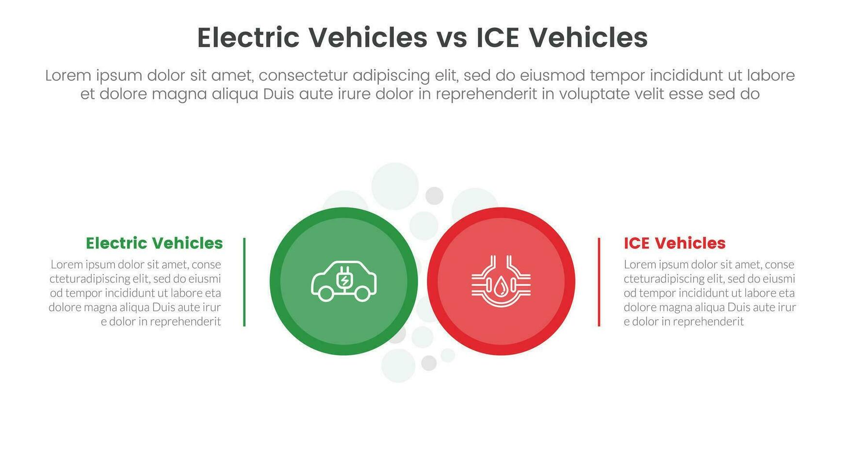 ev vs ghiaccio elettrico veicolo confronto concetto per Infografica modello bandiera con grande cerchio lato di lato con Due punto elenco informazione vettore