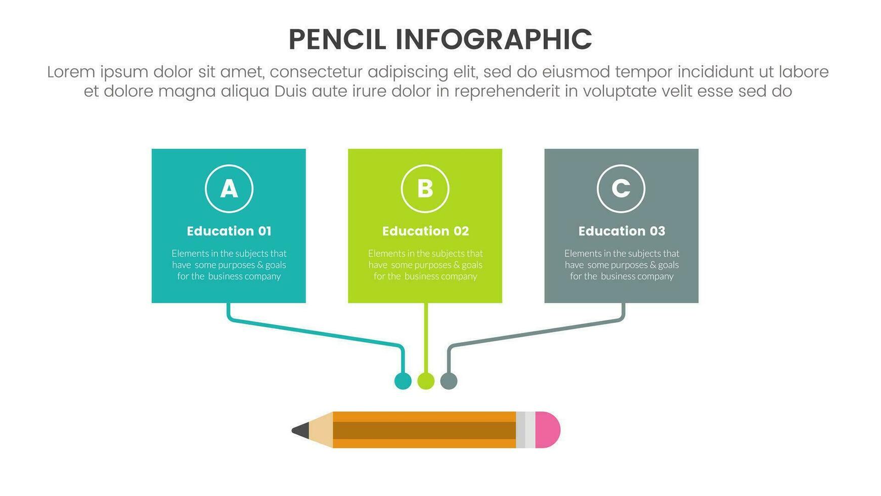 matita formazione scolastica Infografica 3 punto palcoscenico modello con scatola connesso per matita per diapositiva presentazione vettore