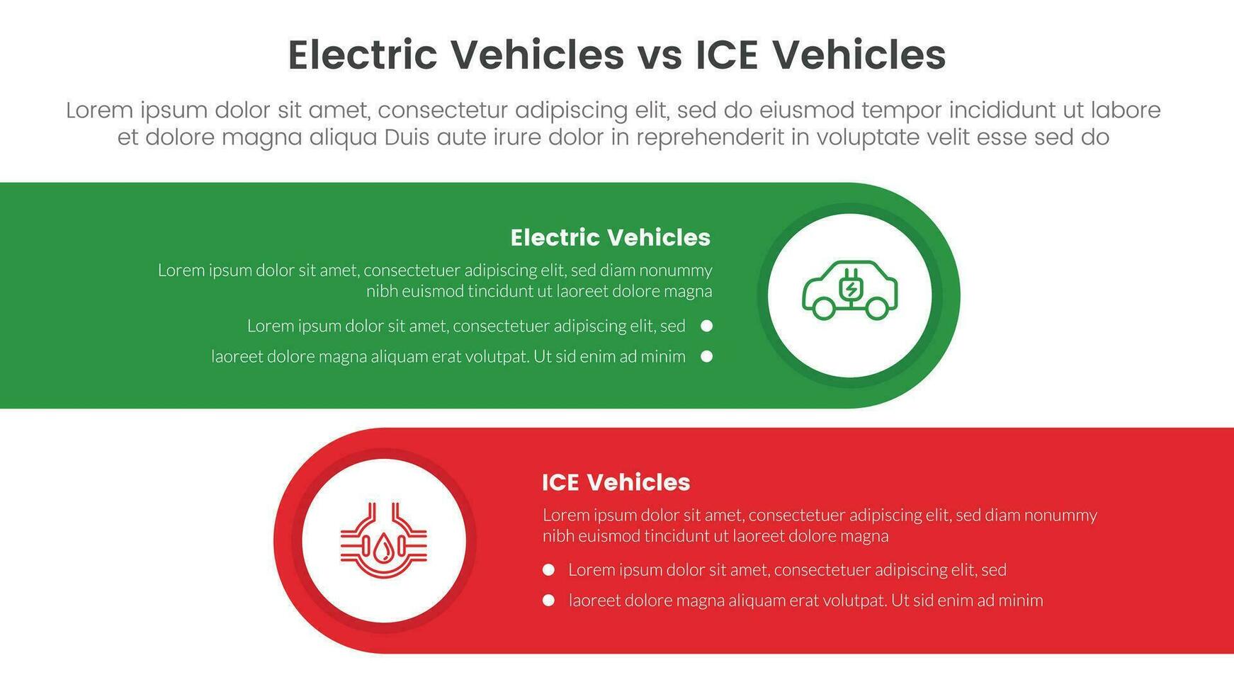 ev vs ghiaccio elettrico veicolo confronto concetto per Infografica modello bandiera con orizzontale il giro rettangolo scatola con Due punto elenco informazione vettore