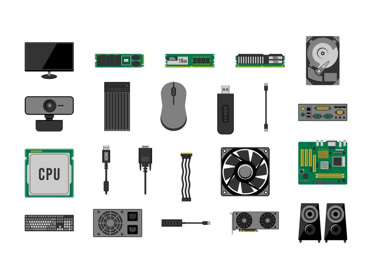 personale computer pc componenti. vettore illustrazione collezione computer parti. scheda madre, processore, GPU, ssd, e memoria moduli, e energia la fornitura.