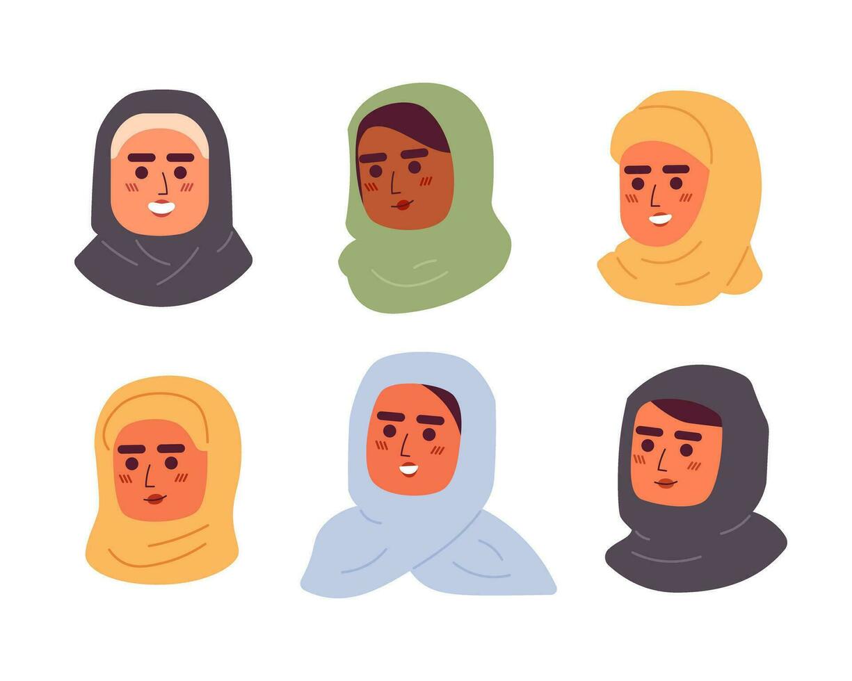 musulmano moda 2d vettore avatar illustrazione impostare. sciarpa hijab donne bella cartone animato personaggi facce ritratti pacchetto. foulard femmina piatto colore utenti profilo immagini isolato su bianca sfondo