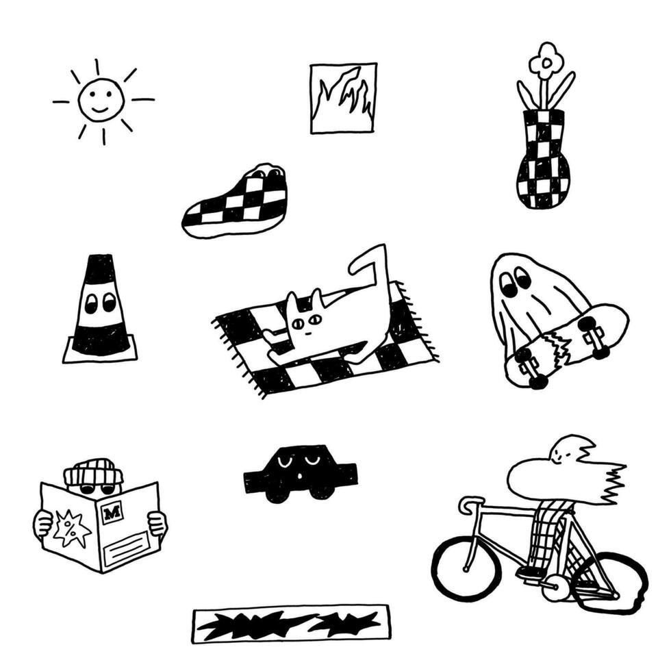 impostato di illustrazione mano disegno y2k scarabocchi icone vettore
