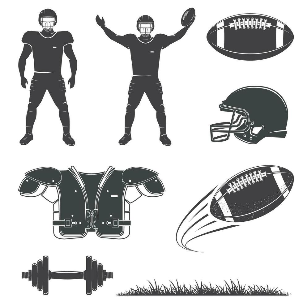 americano calcio icone collezione. vettore. impostato di americano calcio attrezzature includere calcio piegatore, casco, gras, palla silhouette vettore