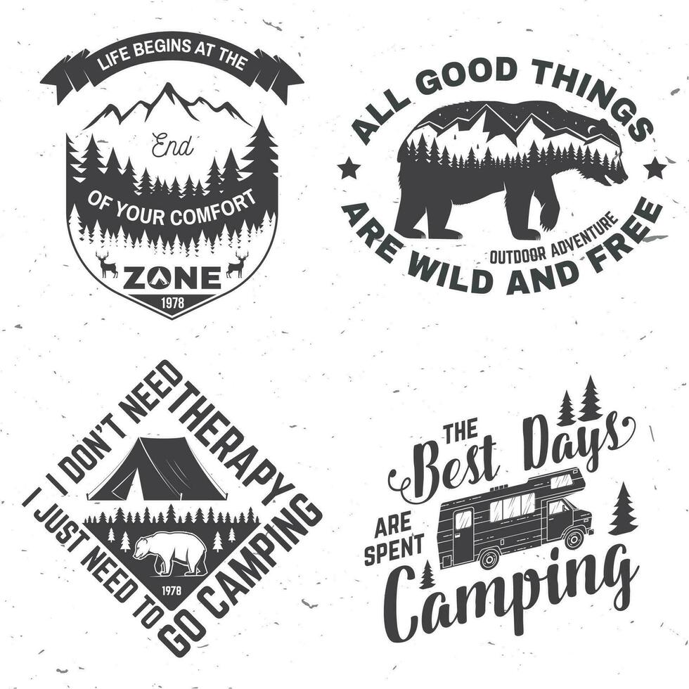 impostato di all'aperto avventura ispirazione Citazione. vettore. concetto per camicia, logo, Stampa, francobollo o tee. Vintage ▾ tipografia design con camper tenda, montagna, foresta paesaggio silhouette. vettore