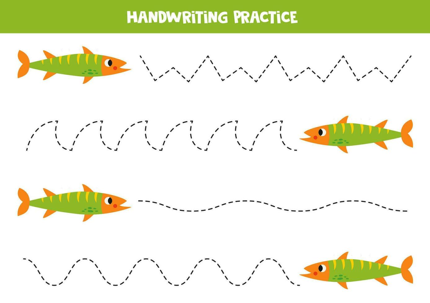 tracciato Linee per bambini. carino cartone animato verde Barracuda. grafia la pratica. vettore