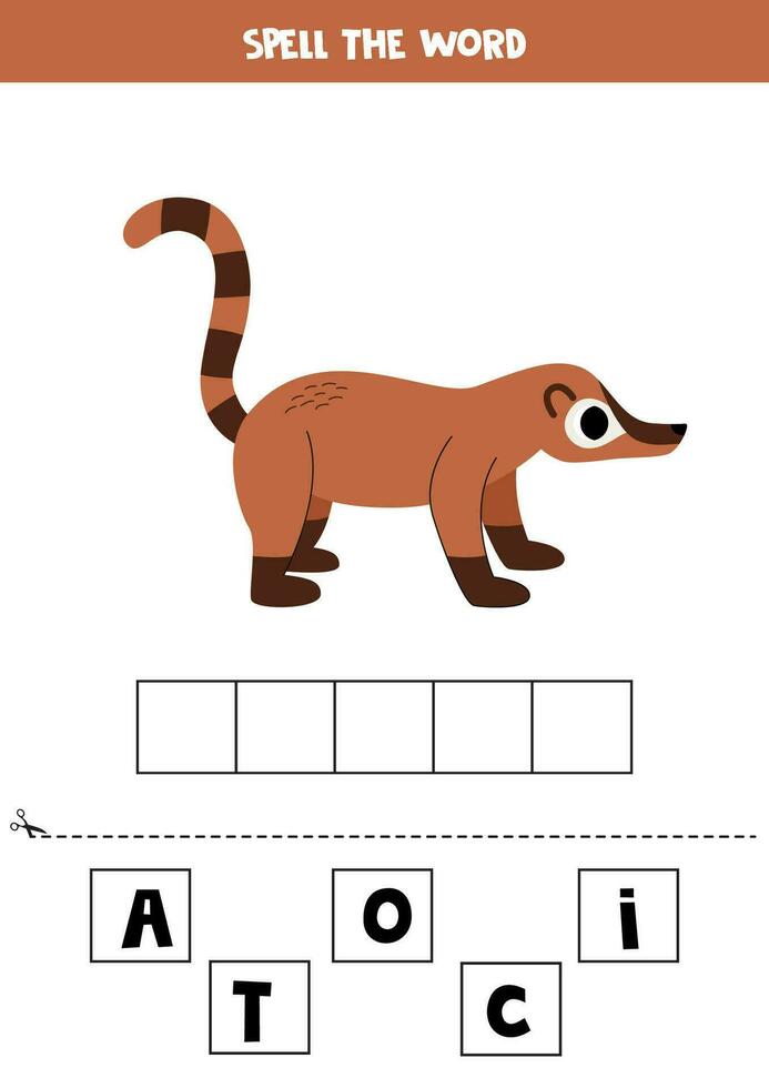 ortografia gioco per prescolastico bambini. carino cartone animato Marrone coati. vettore