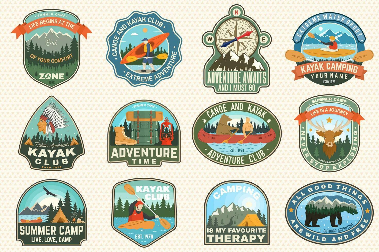 set di badge per campi estivi, canoa e kayak. vettore. concetto per la patch. design retrò con silhouette di campeggio, montagna, fiume, indiano americano e kayaker. toppe per kayak per sport acquatici estremi vettore