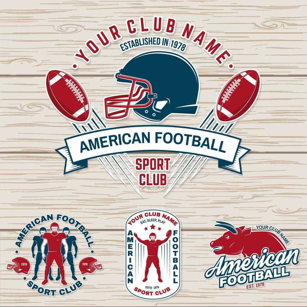 impostato di americano calcio o Rugby club distintivo. vettore per camicia, logo, toppa. Vintage ▾ design con americano calcio sportivo giocatore, casco, sfera, erba e spalla pastiglie silhouette