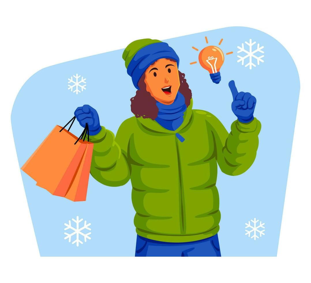 donna nel un' inverno giacca con inverno cappello e sciarpa Tenere shopping borse vettore