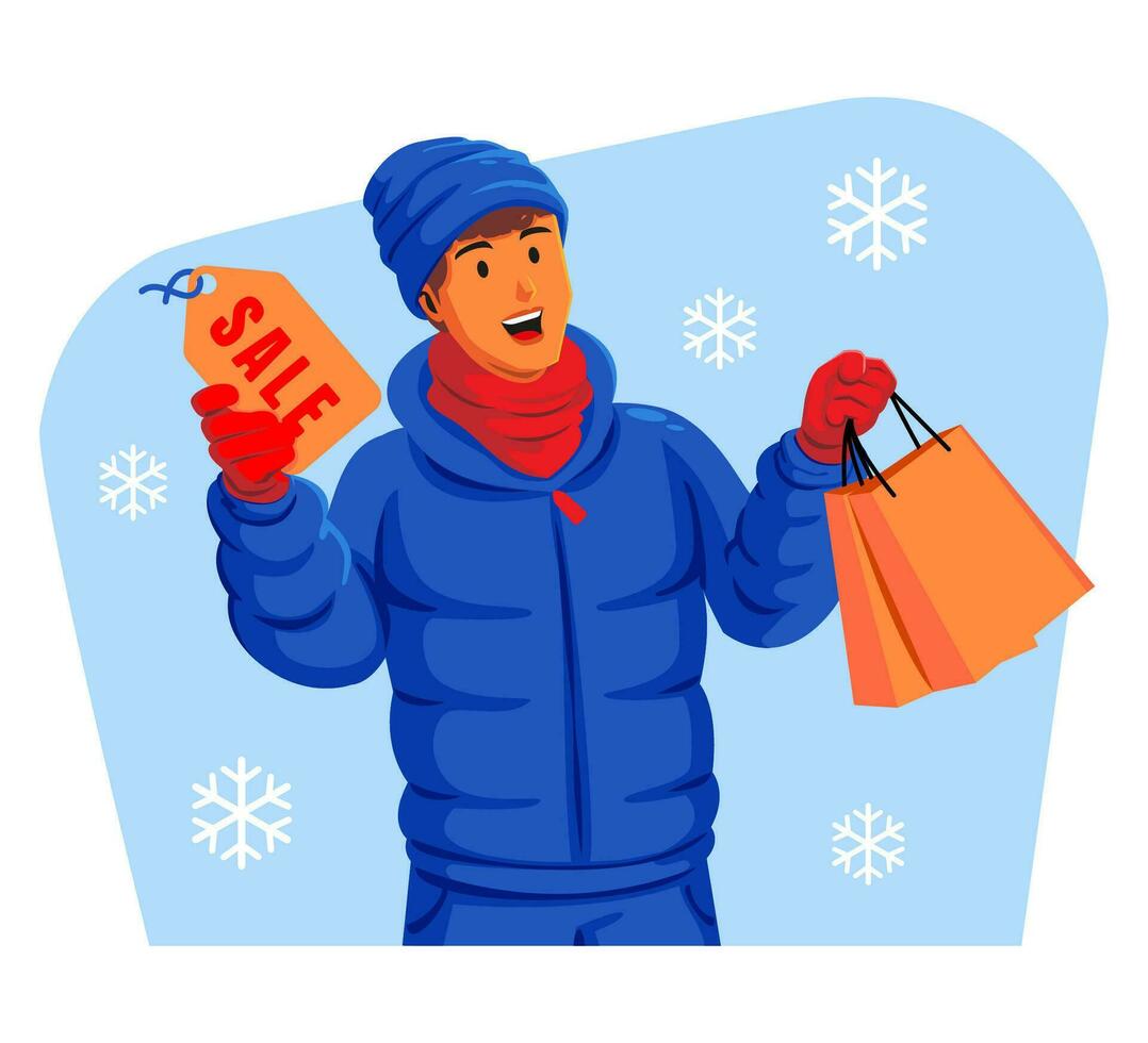 uomo nel un' inverno giacca con inverno cappello e sciarpa Tenere shopping borse e vendita etichetta vettore
