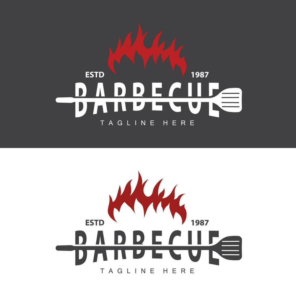 barbeque logo design bar ristorante caldo griglia fuoco logo e spatola semplice illustrazione vettore