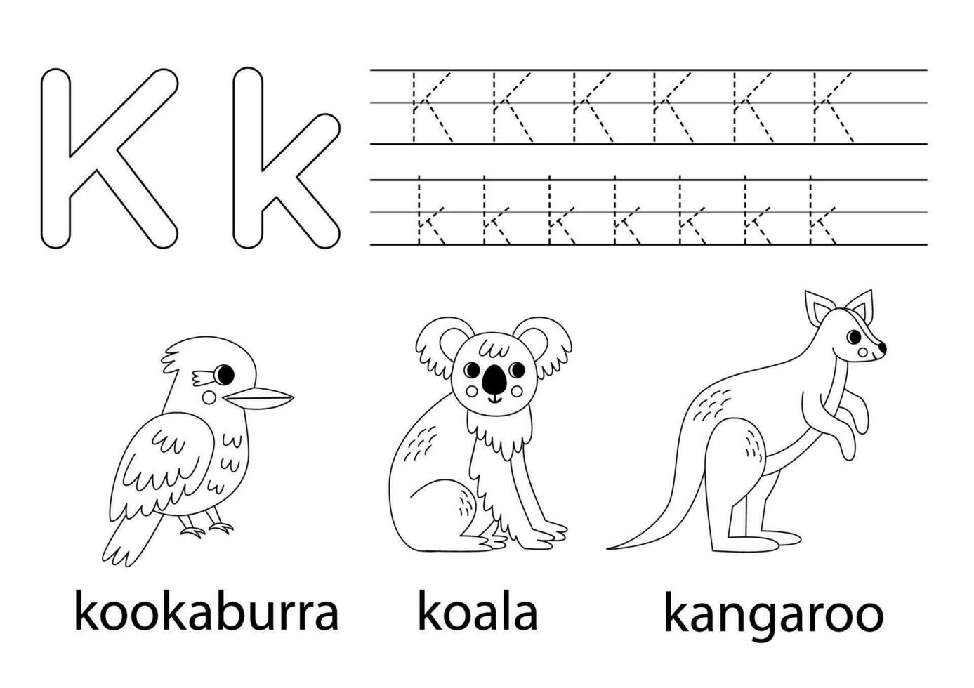 tracciare maiuscolo e minuscolo lettera K. animale alfabeto per bambini. vettore