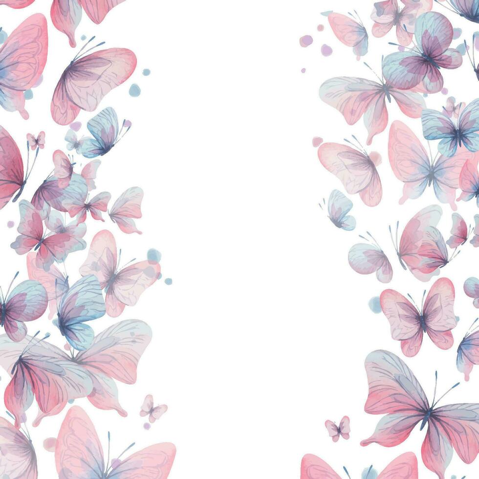 farfalle siamo rosa, blu, lilla, volare, delicato con Ali e spruzzi di dipingere. mano disegnato acquerello illustrazione. piazza telaio, modello su un' bianca sfondo, per design. vettore eps