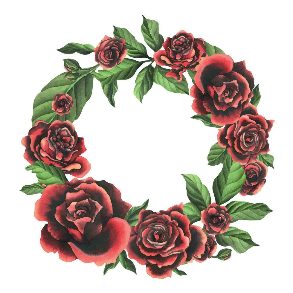 rosso nero rosa fiori con verde le foglie e mini cuffie, elegante, luminosa, Bellissima. mano disegnato acquerello illustrazione. cerchio ghirlanda, telaio, modello su un' bianca sfondo, per decorazione, design. vettore eps