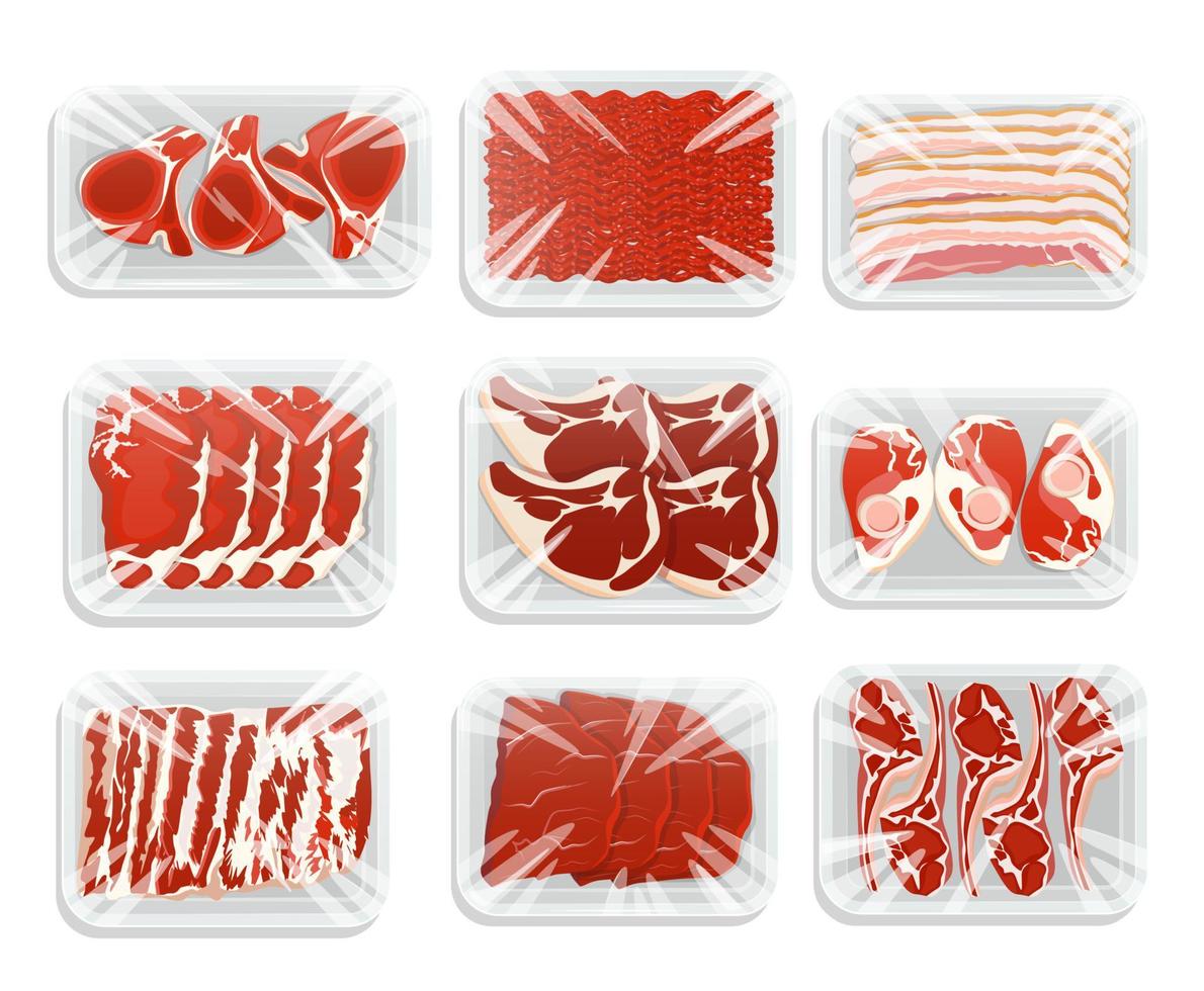 illustrazione di imballaggio di carne. vassoio di plastica di carne macinata, bistecche, prosciutto, pancetta di maiale, manzo e agnello. prodotti sul bancone della macelleria. vettore