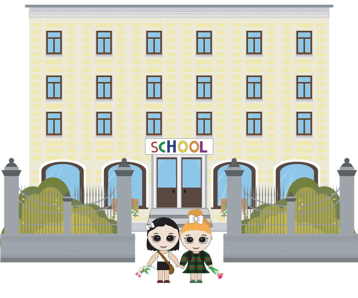 un'illustrazione per bambini che mostra due ragazze che vanno a scuola il 1° settembre vettore