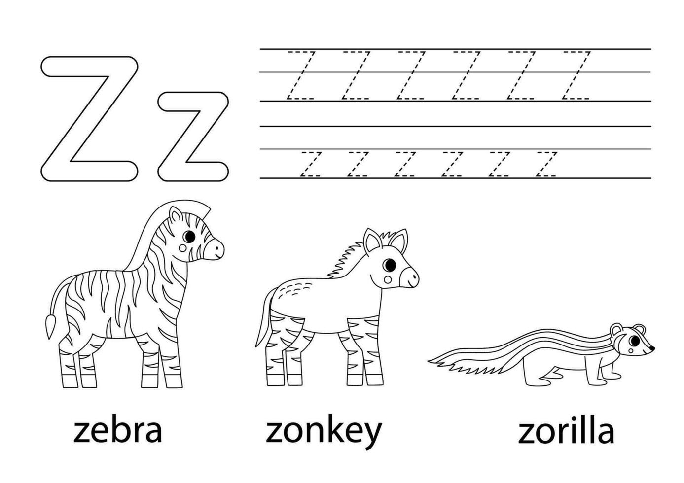 tracciare maiuscolo e minuscolo lettera z. animale alfabeto per bambini. vettore
