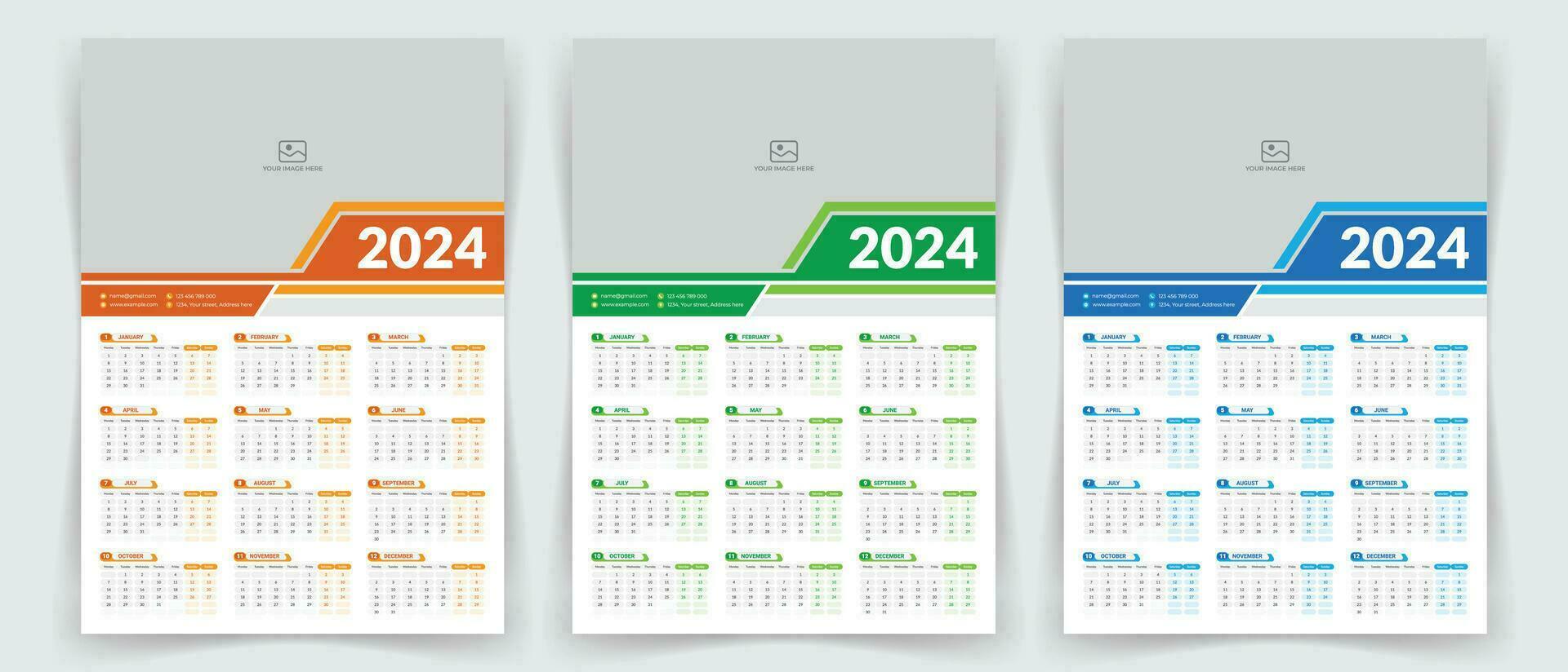 2024 una pagina parete calendario design modello con colore variazione, moderno modificabile 12 mesi una pagina calendario. vettore