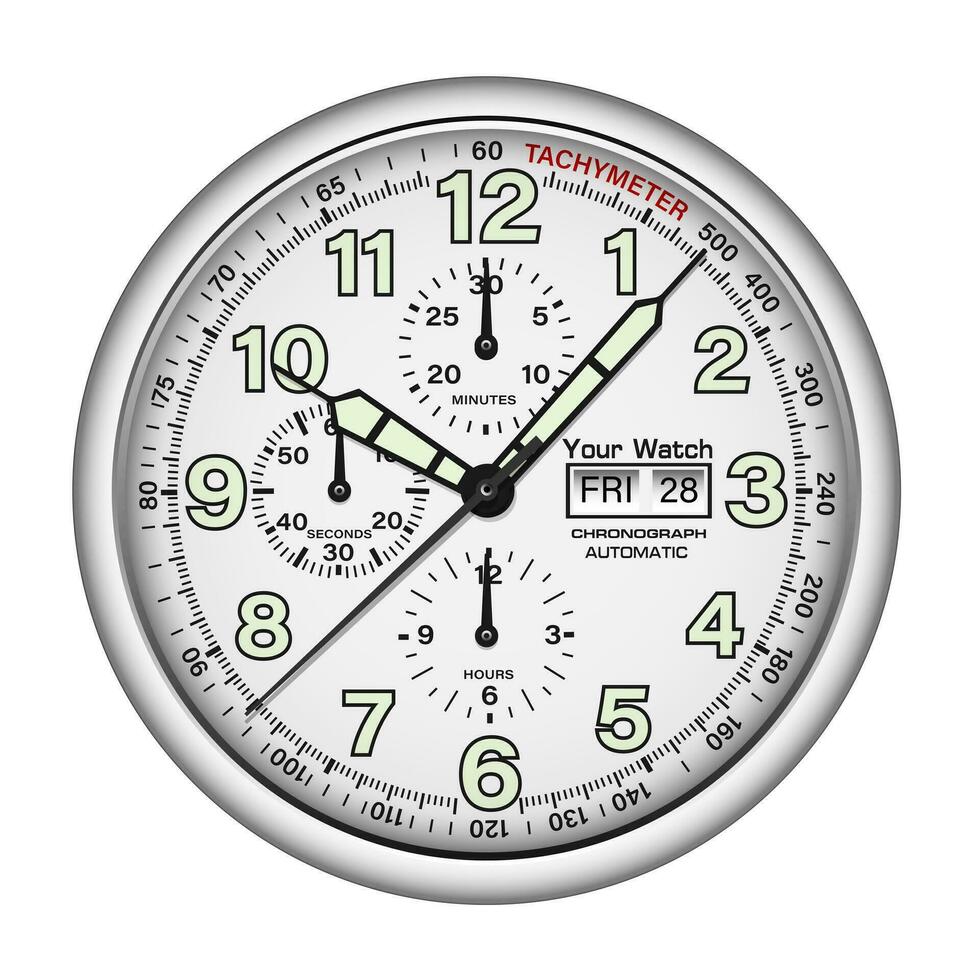realistico orologio orologio cronografo argento nero viso pannello di controllo morbido verde freccia numero su isolato design classico lusso vettore
