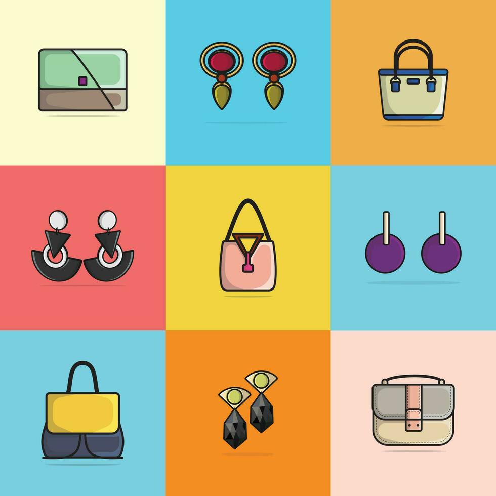 collezione di donne di moda colorato orecchini gioielleria e lusso borse vettore illustrazione. bellezza moda oggetti icona concetto. impostato di di moda donne moda design Accessori vettore design.