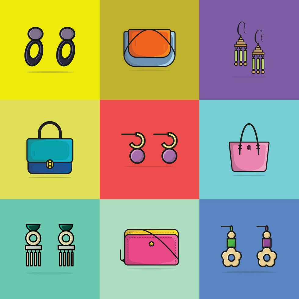 collezione di 9 moderno progettista le signore borse e colorato orecchini vettore illustrazione. bellezza moda oggetti icona concetto. impostato di donne moda design Accessori vettore design.