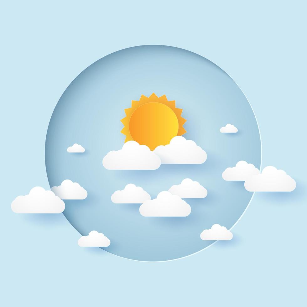 cloudscape, cielo blu con nuvole e sole in cornice circolare, stile paper art vettore