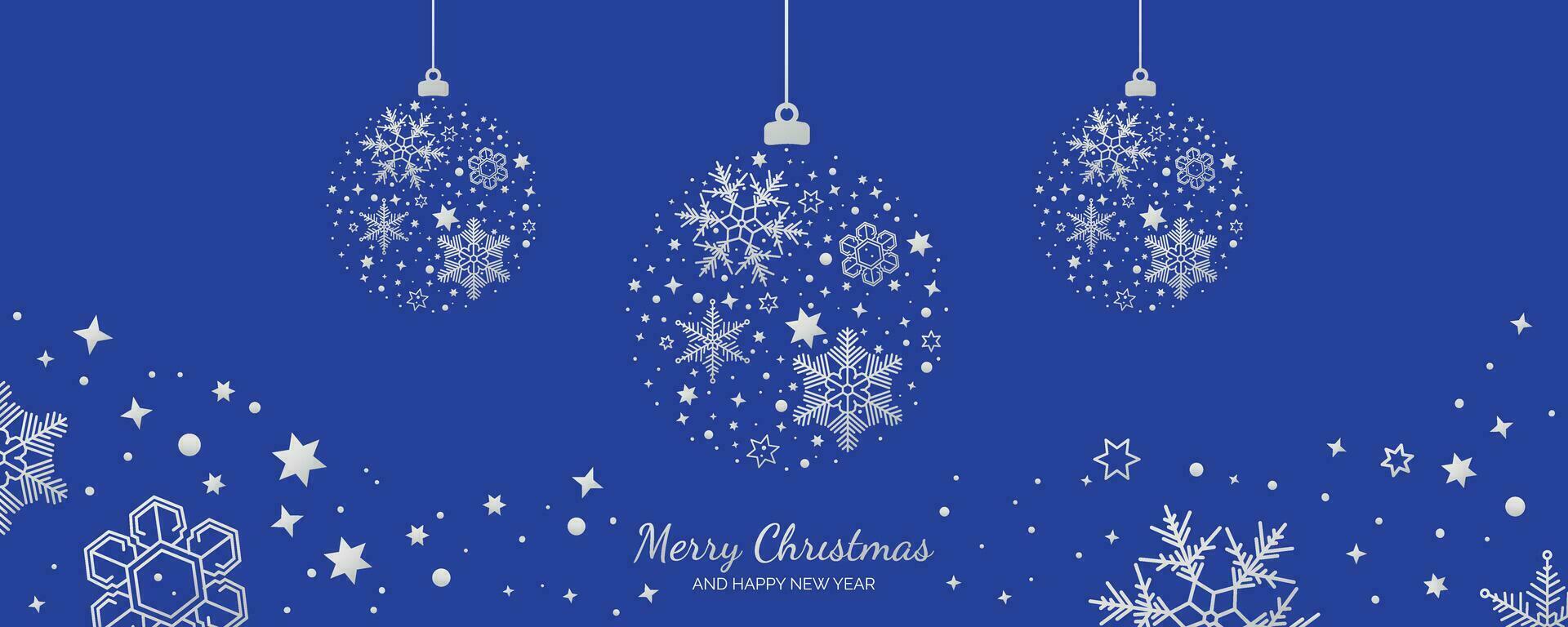 Natale e nuovo anno saluto carta con albero ornamento con argento i fiocchi di neve isolato su blu sfondo vettore