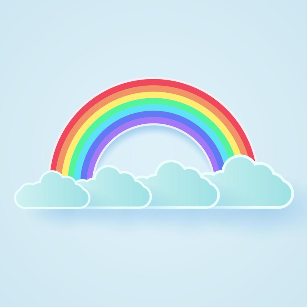 cielo blu con arcobaleno e nuvole, stile paper art vettore