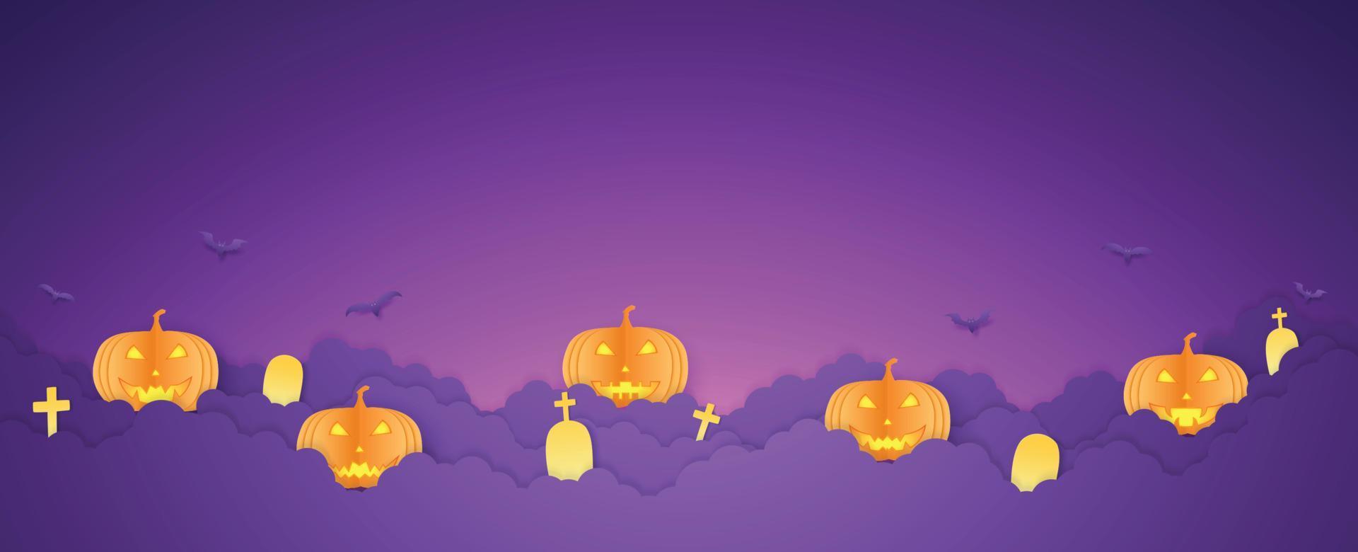 testa di zucca arancione di halloween, pipistrelli e cimitero su nuvola, copia spazio, stile di arte della carta vettore