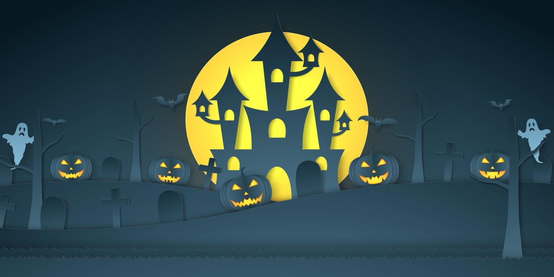 testa di zucca di halloween, castello, cimitero, pipistrello, fantasma e luna luminosa, stile cartaceo vettore