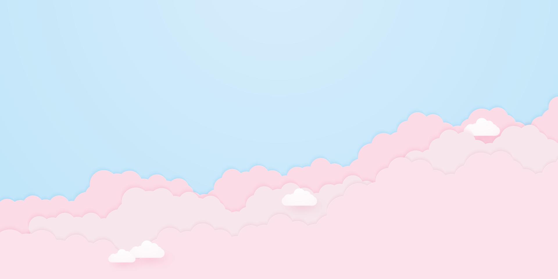 cloudscape, cielo blu con nuvole rosa, stile paper art vettore