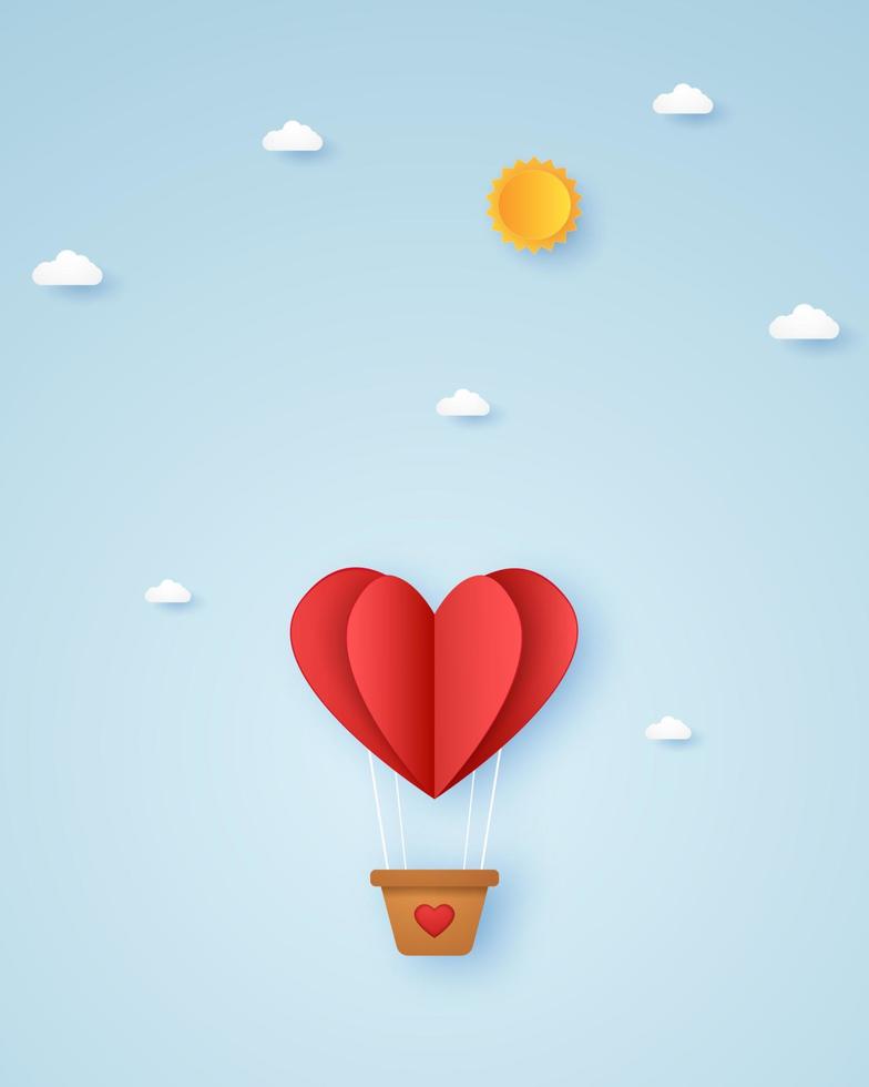 giorno di san valentino, illustrazione dell'amore, mongolfiera cuore piegato rosso che vola nel cielo, stile di arte della carta vettore