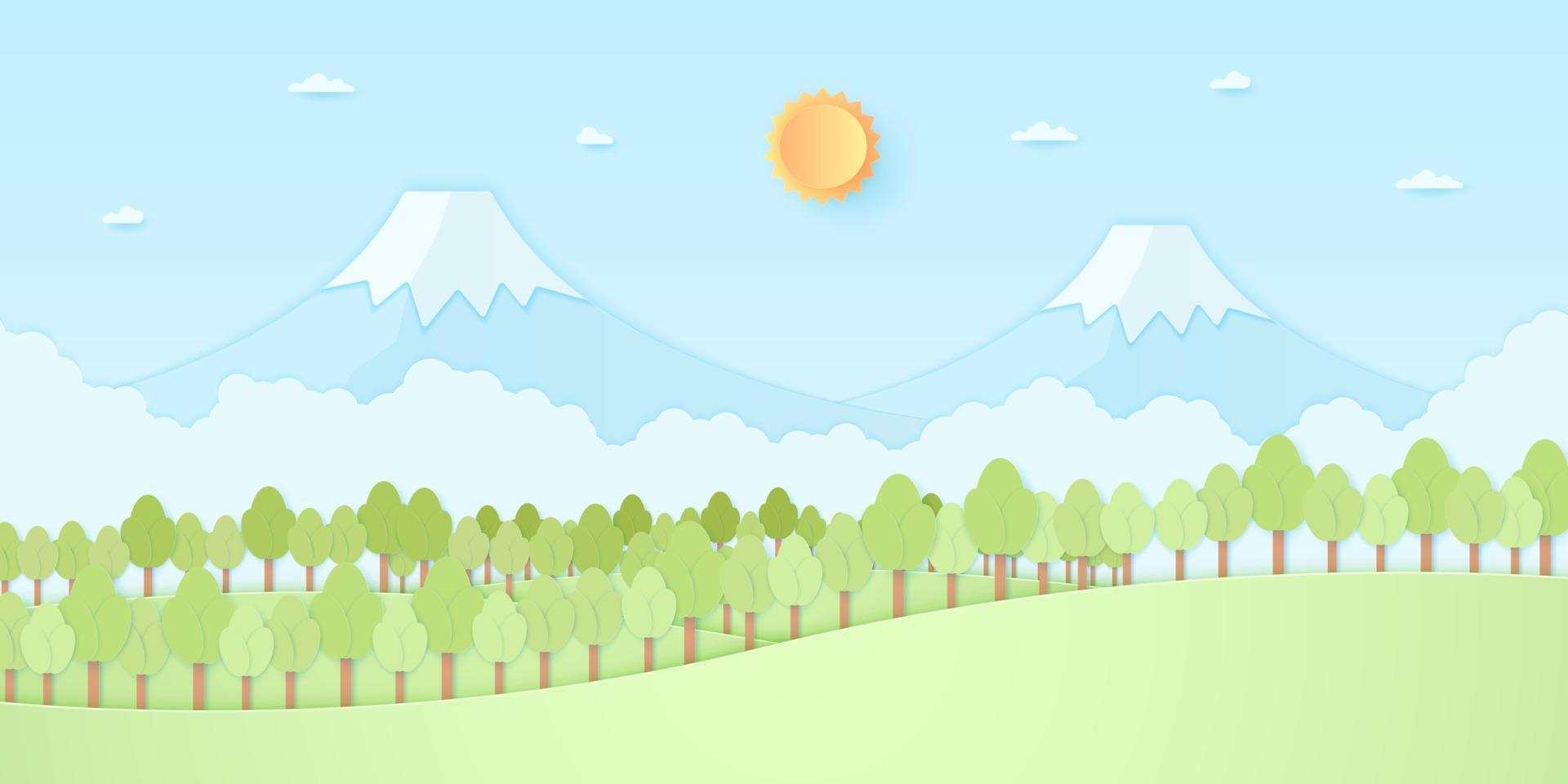 natura collina, montagna, alberi con sole e cielo azzurro, stile paper art vettore