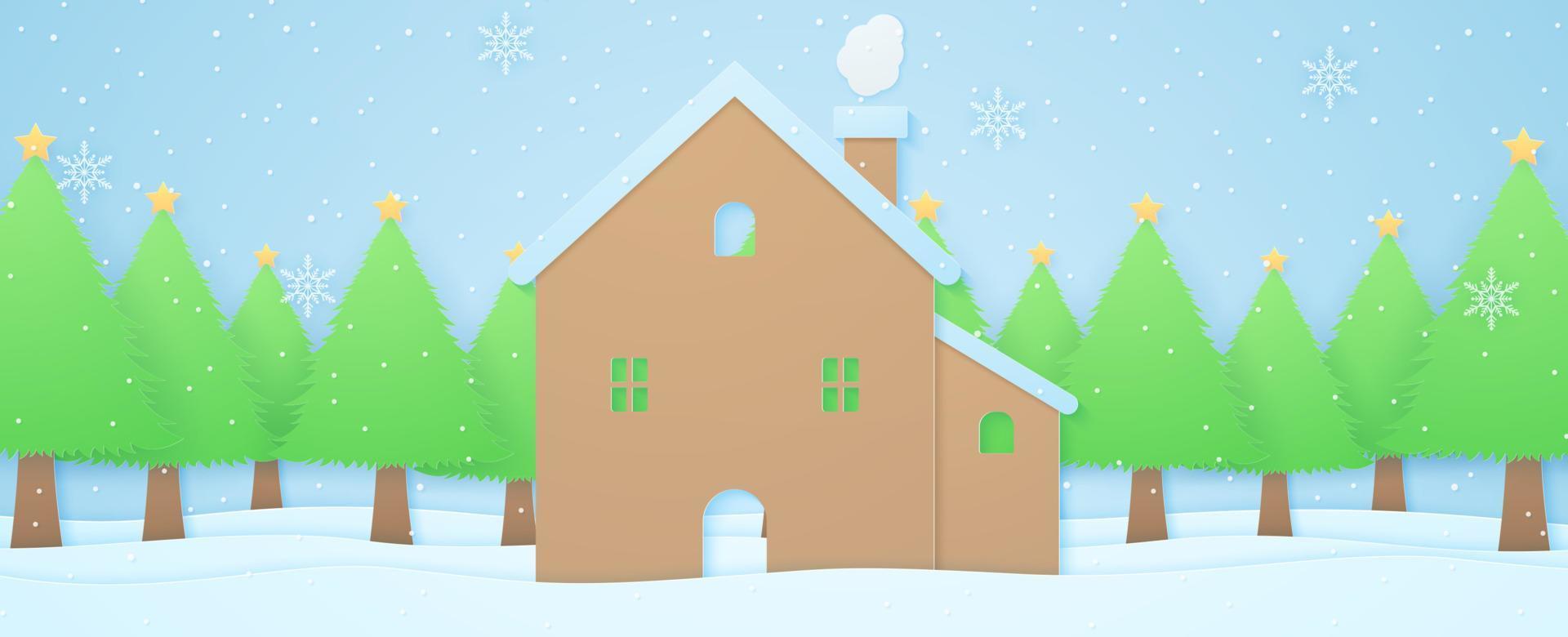 casa e alberi sulla neve in un paesaggio invernale con neve che cade, sfondo di nuvole, stile di arte della carta vettore