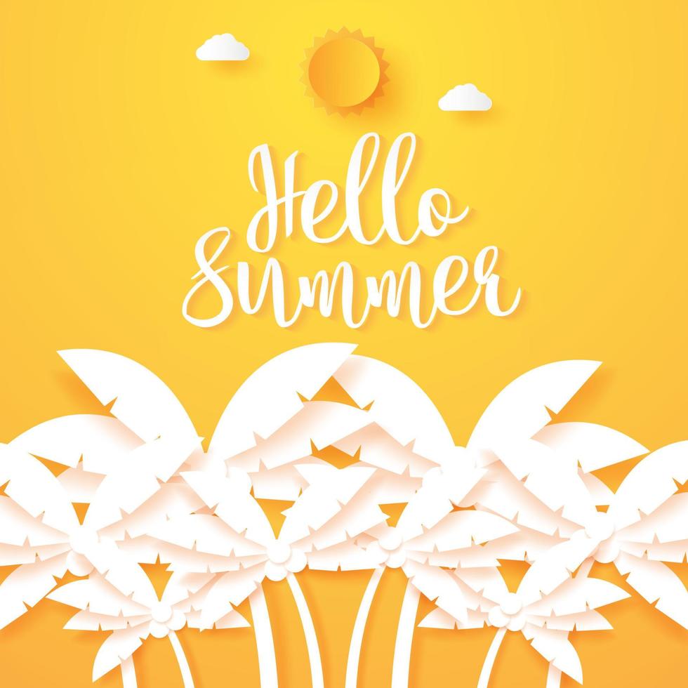 ciao estate, palma da cocco con sole e nuvole, stile paper art vettore