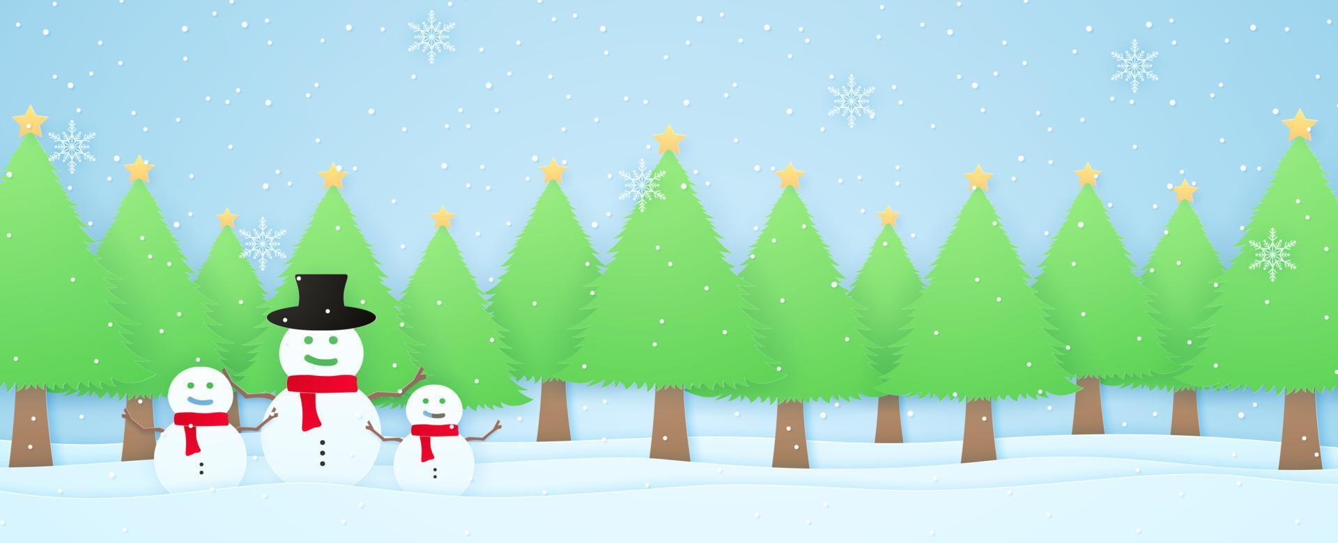 paesaggio invernale, alberi di natale con pupazzo di neve sulla neve con neve che cade e fiocchi di neve, stile paper art vettore