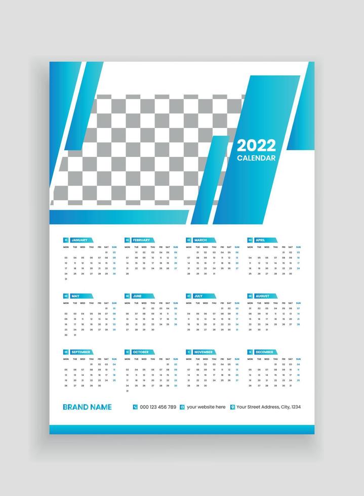disegno del calendario da parete di una pagina 2022. disegno del calendario da parete 2022. disegno del calendario del nuovo anno 2022. la settimana inizia il lunedì. modello per il calendario annuale 2022 vettore