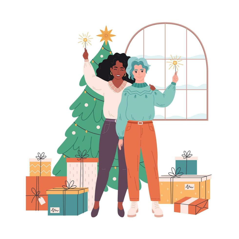 lesbica coppia in piedi vicino Natale albero con regali e festeggiare Natale o nuovo anno. vettore