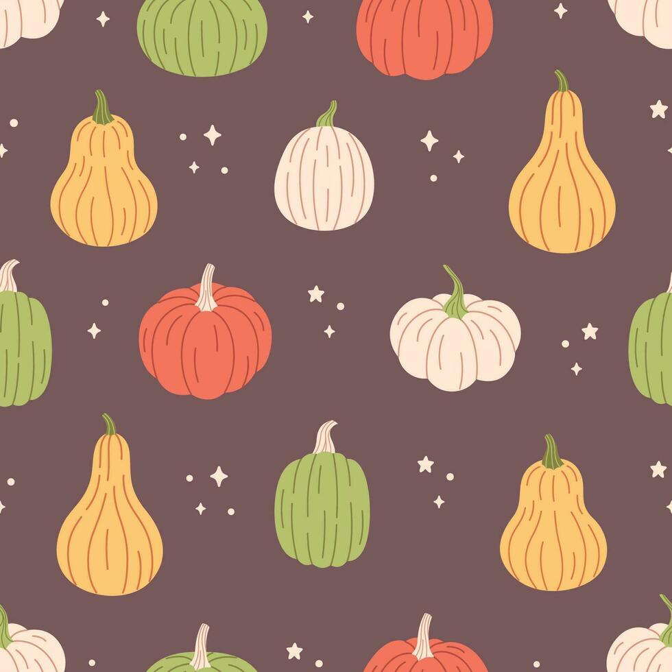 zucche senza soluzione di continuità modello. Ciao autunno, autunno raccolto, agricoltura. piatto, mano disegnato struttura per sfondo, tessile, tessuto, carta. vettore