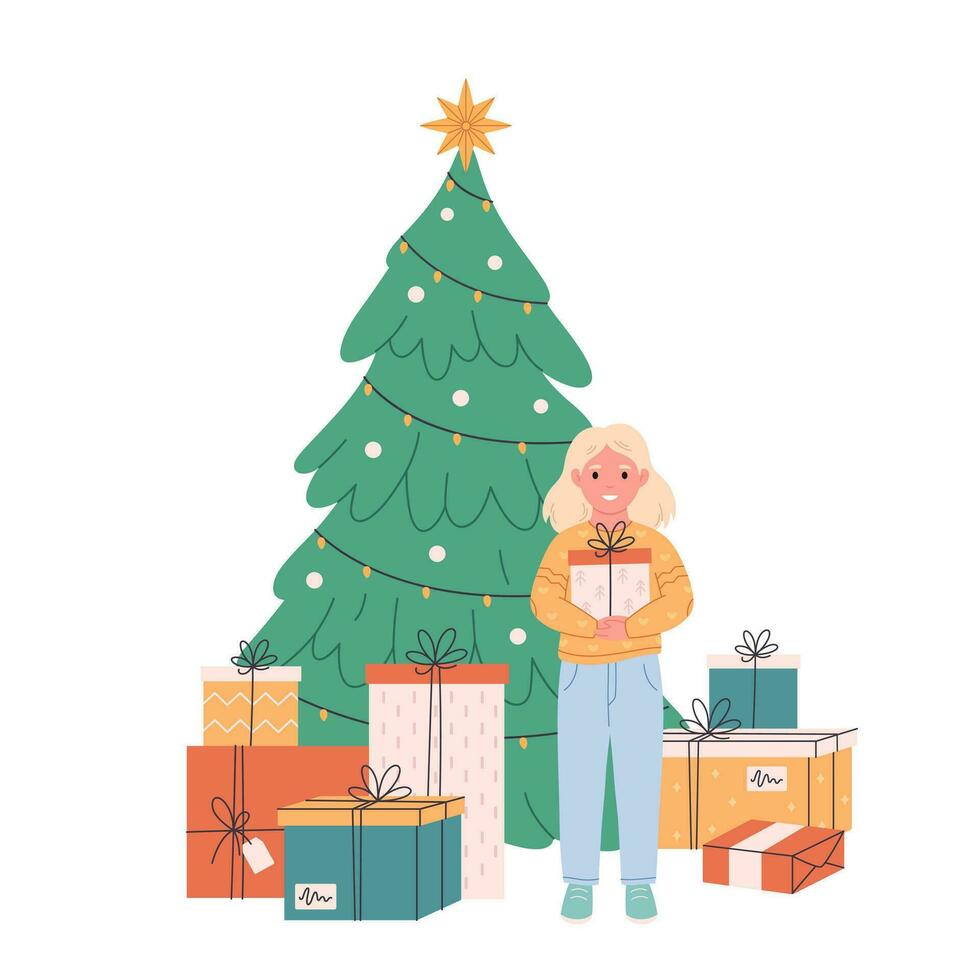 poco ragazza Tenere regalo scatola e in piedi vicino Natale albero e festeggiare Natale o nuovo anno. vettore