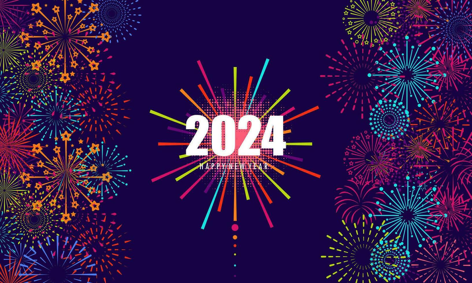 saluto carta con iscrizione contento nuovo anno 2024 su fuoco d'artificio sfondo vettore design